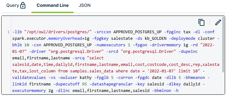 Command Line tab in the Job tab in the Findings page